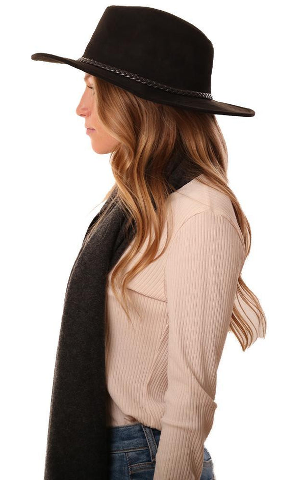 Hats Faux Suede Panama Style Braided Band Black Hat