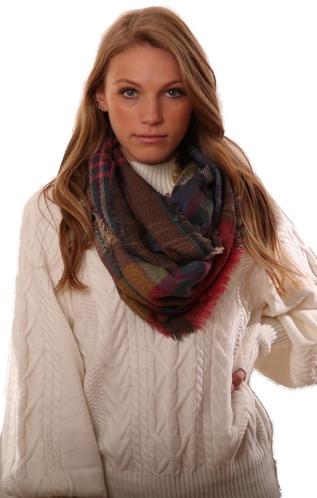 Scarves Frayed Edge Plaid Pink Winter Infinity Scarf