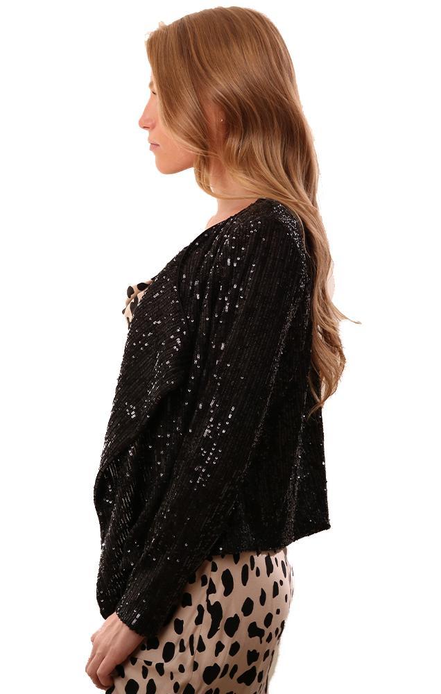 Jackets Drape Front Long Sleeve Sequin Black Holiday Coat