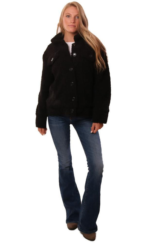 Central Park West Jackets Button Up Cozy Faux Fur Black Coat