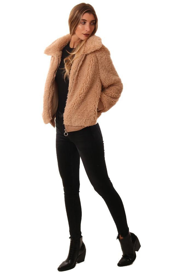 Heartloom Jackets Zip Up Cozy Faux Fur Tan Collared Teddy Jacket