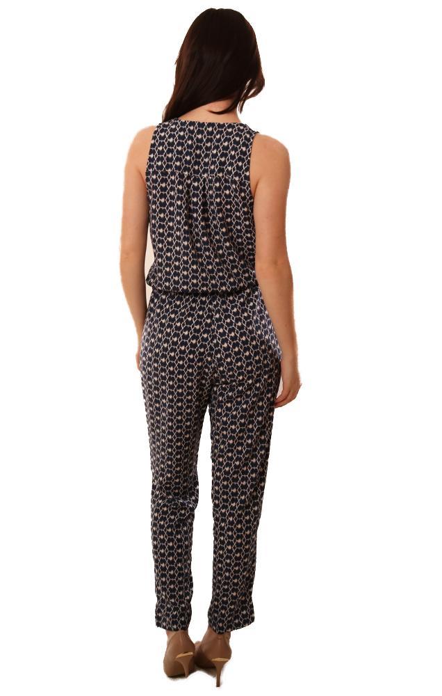 Veronica M Jumpsuits Cross Front V Neck Navy Printed Jumpsuit