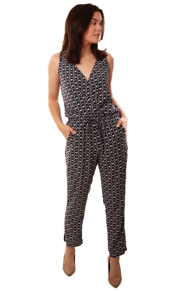 Veronica M Jumpsuits Cross Front V Neck Navy Printed Spring Jumpsuit