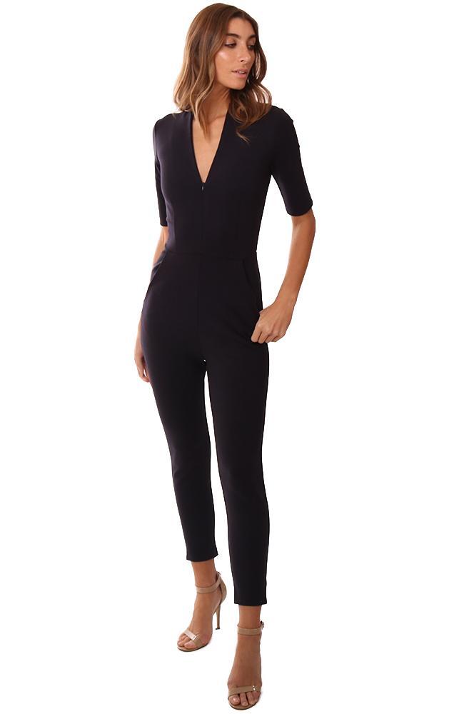 Amanda Uprichard Jumpsuits Plunging Neckline Cropped Leg Navy Sexy Chic Fitted Jumpsuit