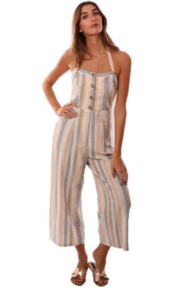 ASTR Jumpsuits Halter Neck Button Front Striped Crop Wide Leg Pastel Summer Jumper