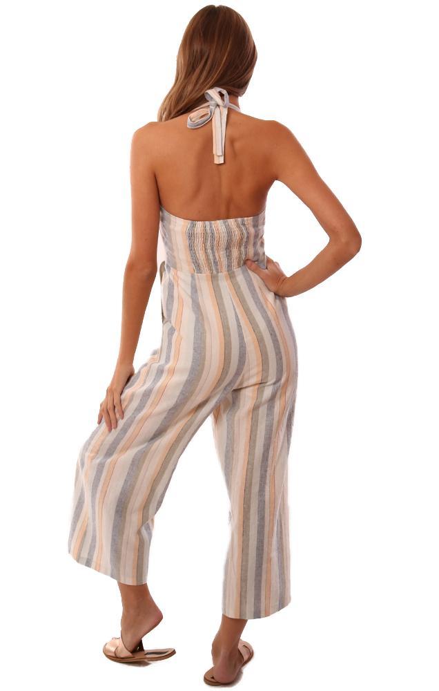 ASTR Jumpsuits Halter Neck Button Front Striped Crop Wide Leg Jumpsuit