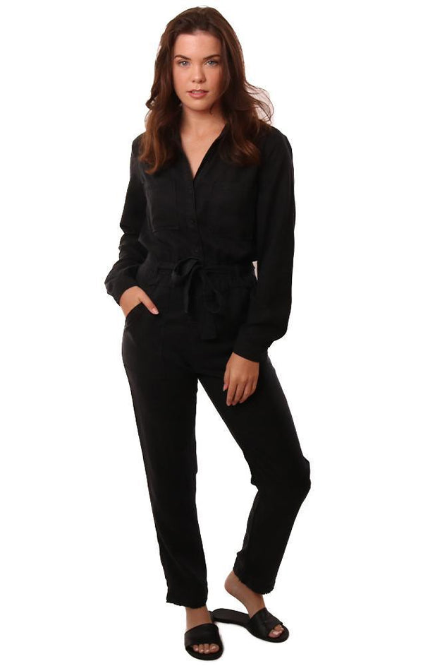 Bella Dahl Jumpsuits Long Sleeve Button Down Tie Waist Black Utility Jumpsuit