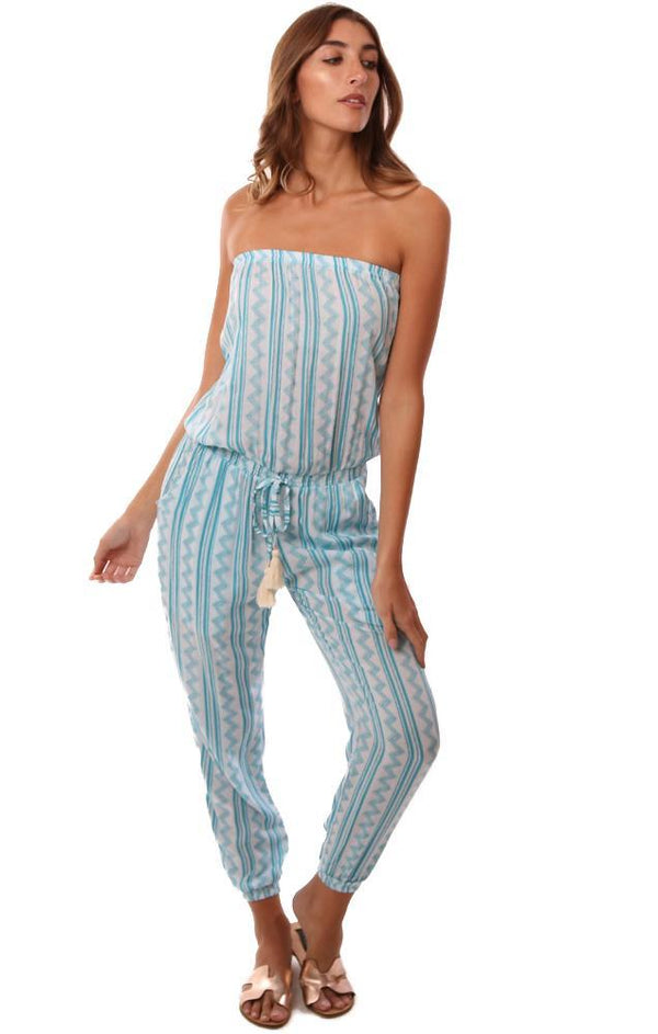 Cool Change Jumpsuits Strapless Tassel Tie Waist Tribal Printed Blue Jumper