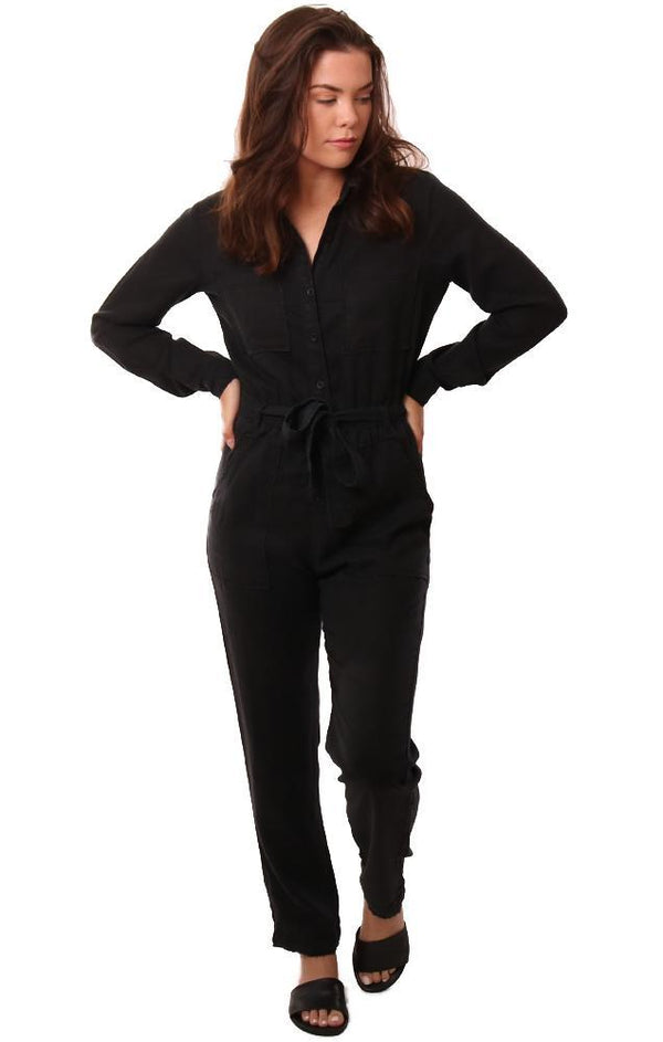 Bella Dahl Jumpsuits Long Sleeve Button Down Tie Waist Black Tencel Jumper