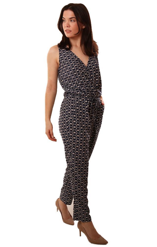 Veronica M Jumpsuits Cross Front V Neck Navy Printed Resort Wear Jumpsuit