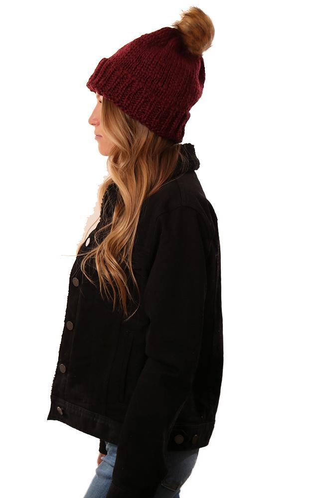 Hats Cozy Knit Faux Fur Pom Pom Foldover Winter Red Beanie