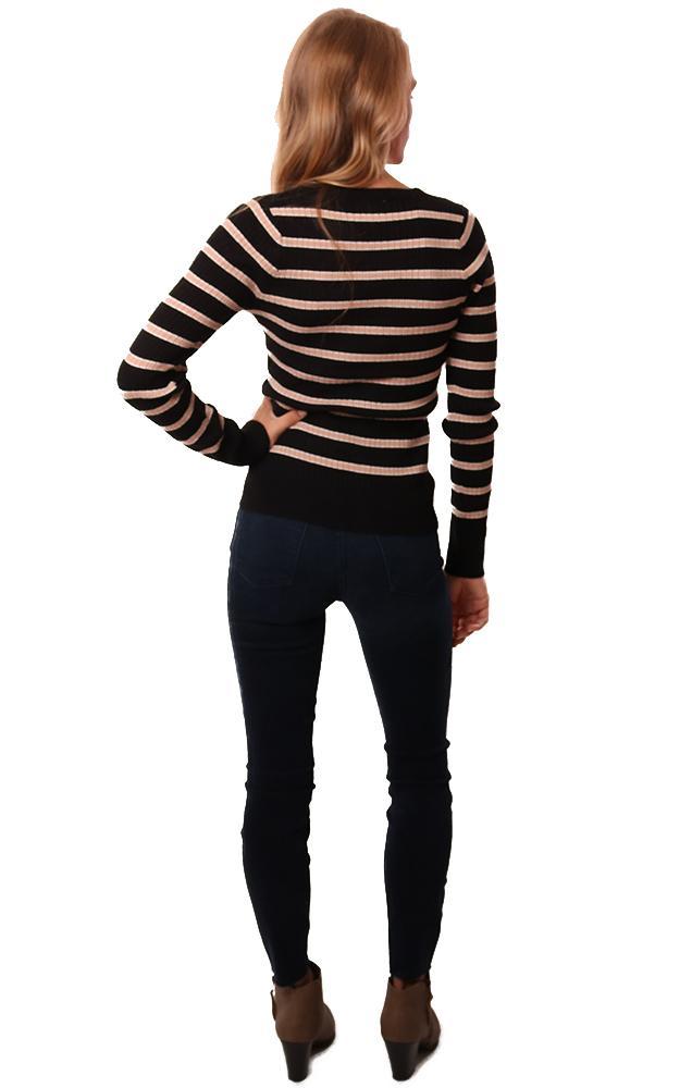 Heartloom Sweaters Long Sleeve V Neck Ribbed Button Up Black Pink Stripe Sweater