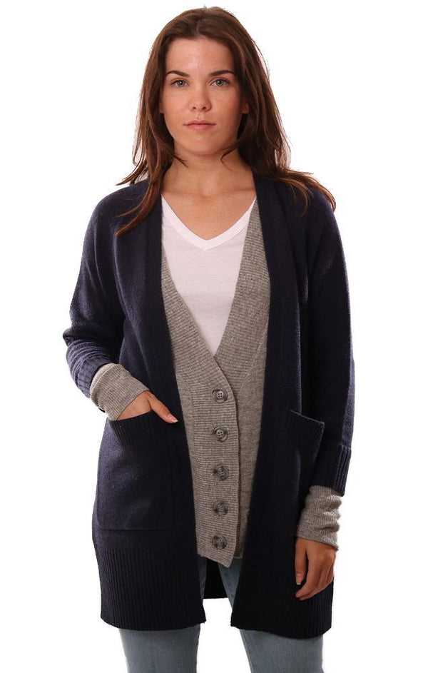 Central Park West Sweaters Layered Button Front Long Sleeve Navy Cardi