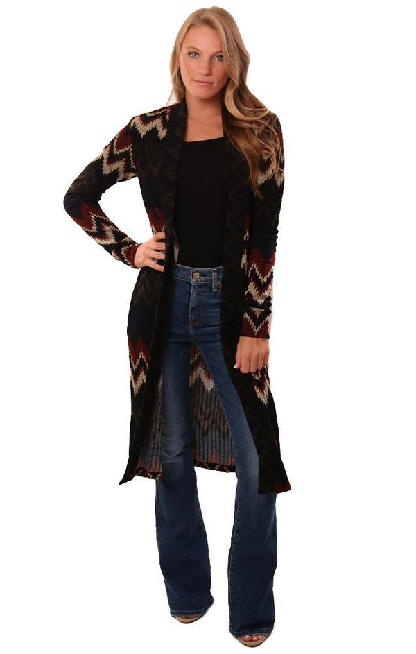 Veronica M Cardigans Open Front Long Sleeve Soft Black Printed Duster