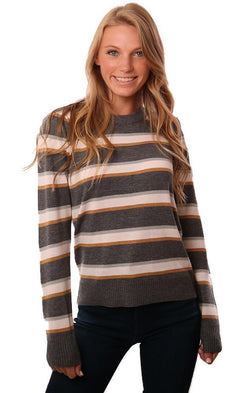 Heartloom Sweaters Long Gathered Sleeve Crew Neck Striped Grey Pullover