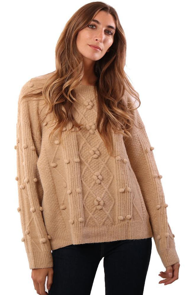 POL Sweaters Long Sleeve Popcorn Stitched Beige Knit Pullover