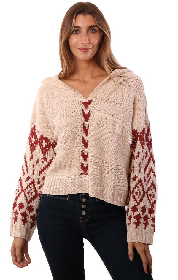 POL Sweaters Long Sleeve Fringe Detail Mixed Pattern Beige Hoodie