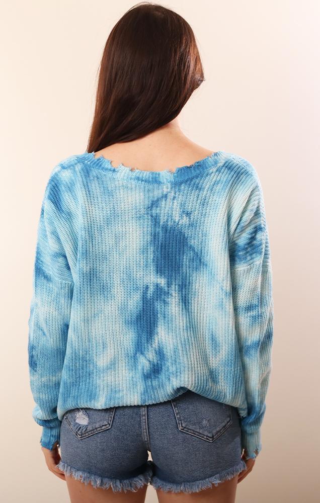 Long Sleeve Distressed Blue Tie Dye knit beachy summer sweater