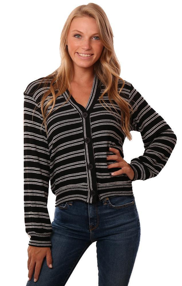 Red Haute Tops Long Sleeve V Neck Button Up Black White Striped SLouchy Cardi