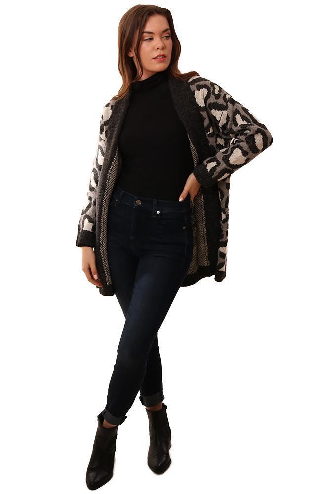 Metric Cardigans Open Front Animal Print Cozy Black Knit Cardi