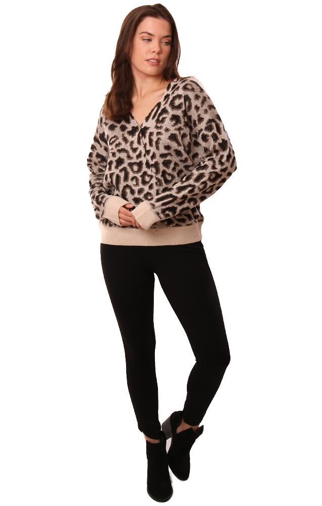 Do And Be Sweaters V Neck Cross Front Leopard Print Knit