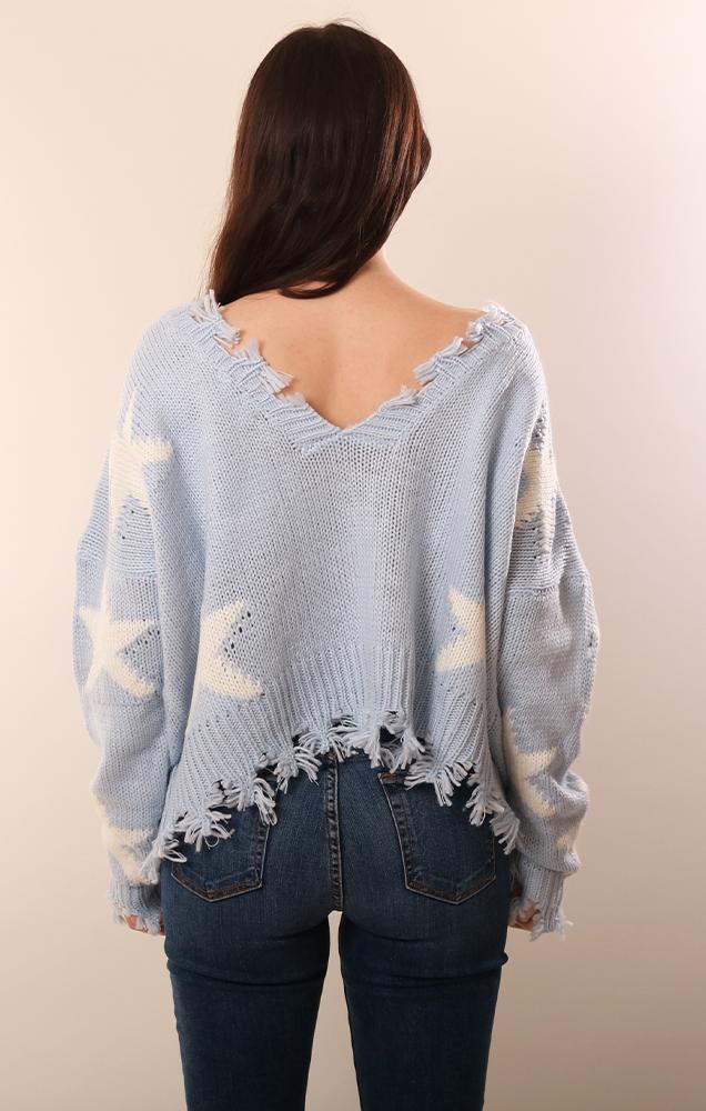 Storia Long Sleeve Distressed Star Printed Blue Knit Sweater