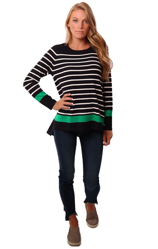 Metric Tops Long Sleeve Crew Neck High Low Navy White Green Sweater