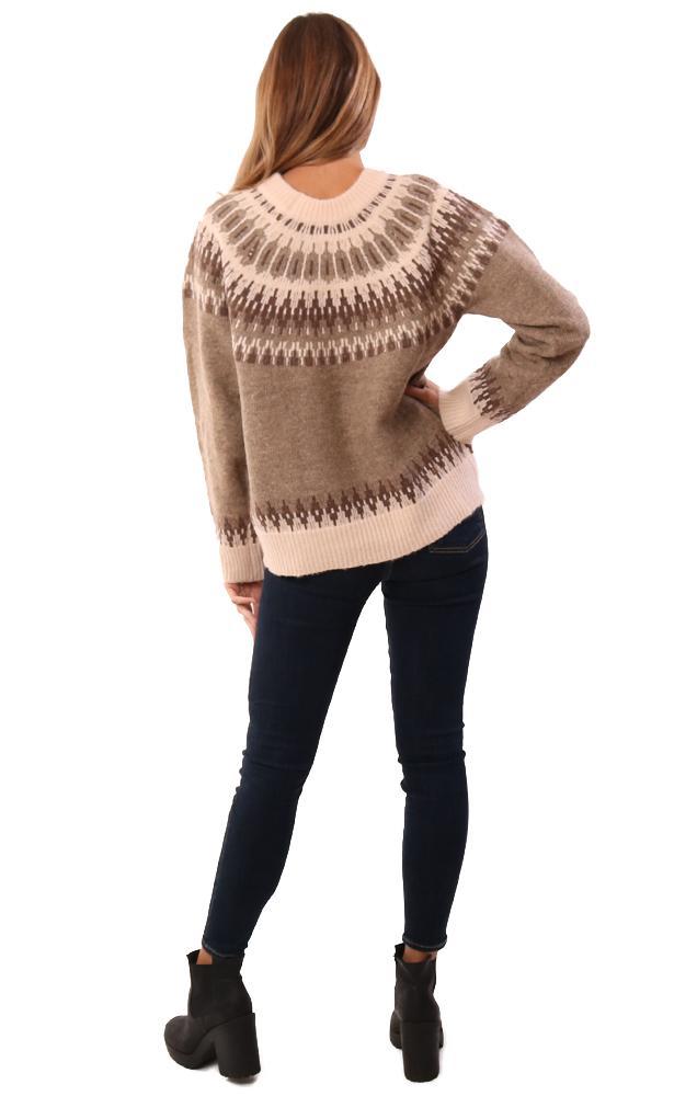 POL Sweaters Long Sleeve Crew Neck Printed Beige Knit Top