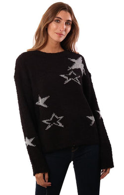 Hem And Thread Sweaters Star Printed Cozy Black Sweater