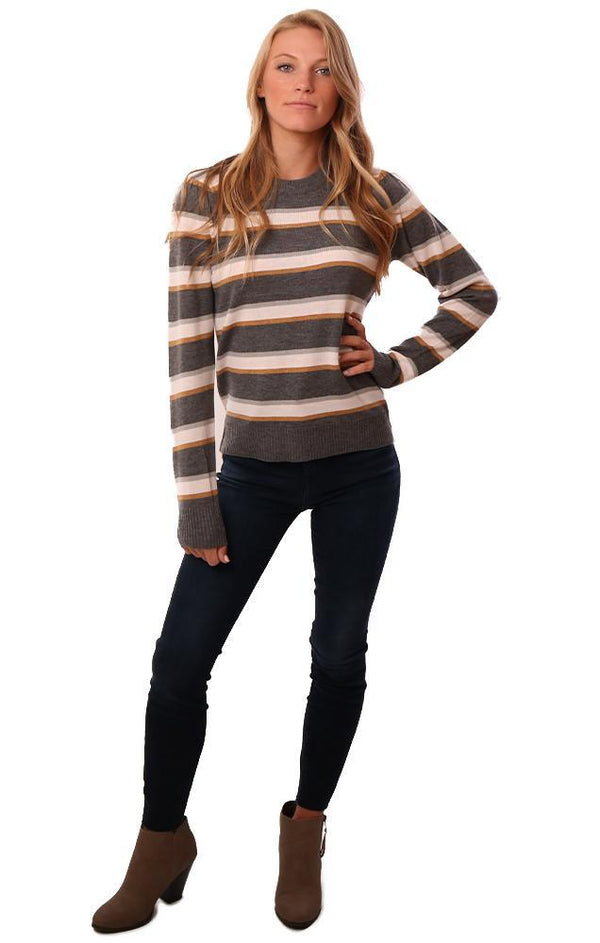 Heartloom Sweaters Long Gathered Sleeve Crew Neck Striped Grey Knit Pullover