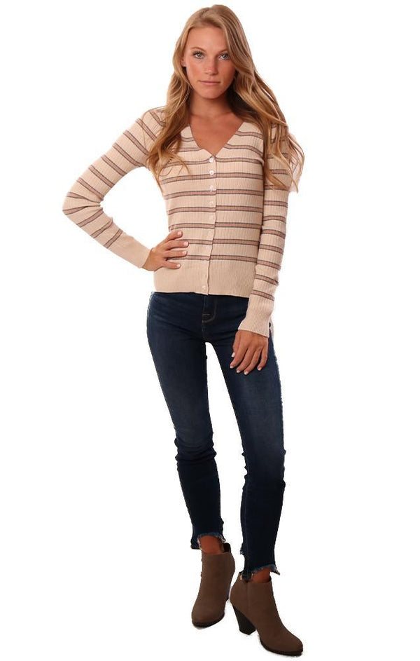 Heartloom Sweaters Long Sleeve V Neck Ribbed Button Up Pink Ivory Knit Top