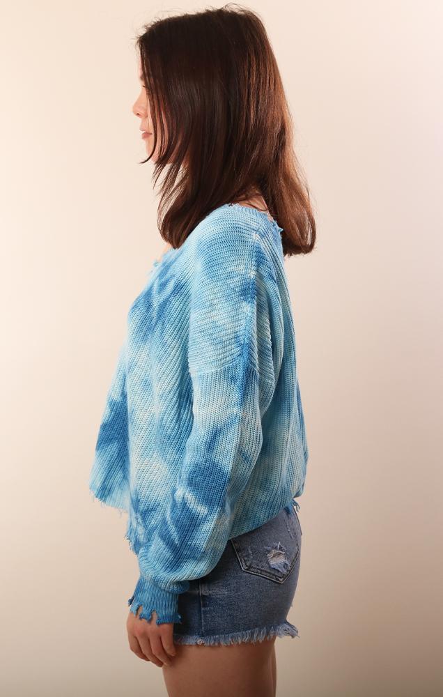 Long Sleeve Distressed Blue Tie Dye summer knit sweater