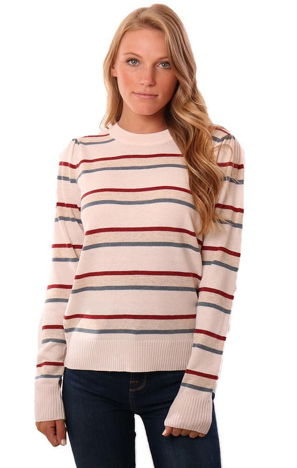 Heartloom Sweaters Long Gathered Sleeve Crew Neck Striped Ivory Knit