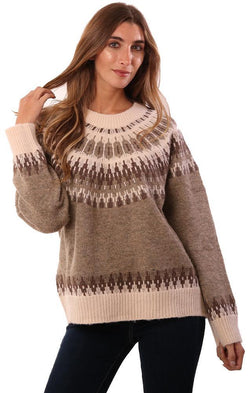 POL Sweaters Long Sleeve Crew Neck Printed Beige Classic Pullover