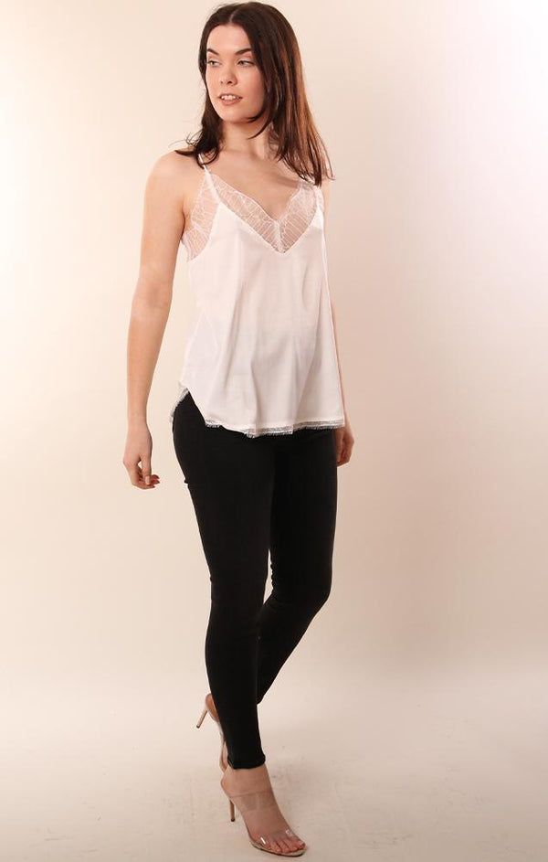 Storia Tops Lace Trim Silky White Tank Blouse