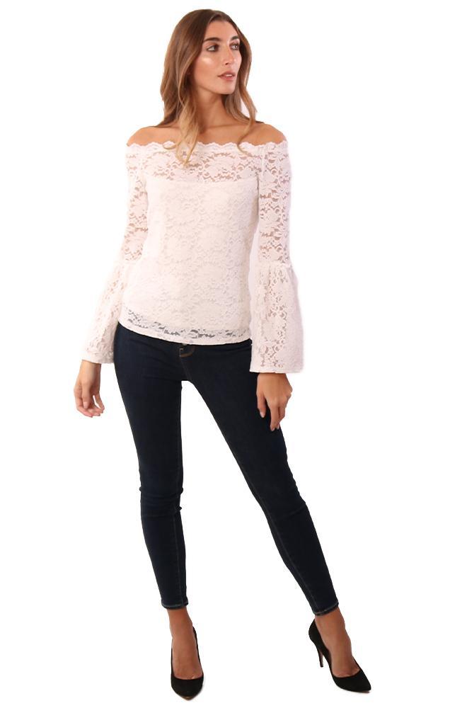 Red Haute Tops Off The Shoulder Long Bell Sleeve Lace Top