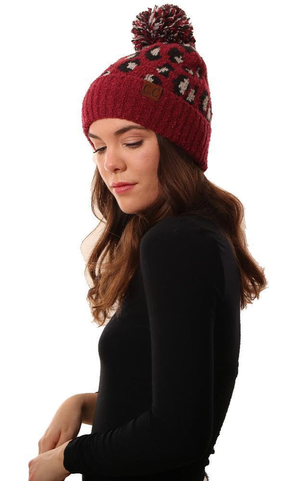 Cozy Knit Pom Pom Foldover Leopard Print Burgundy Knit Winter Hat