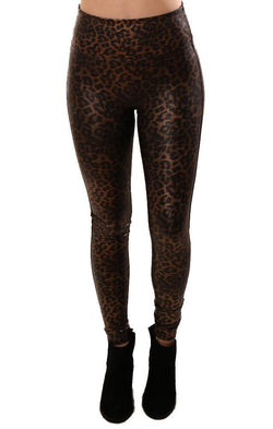 Spanx Leggings High Waisted Faux Leather Metallic Leopard Print Brown Legging