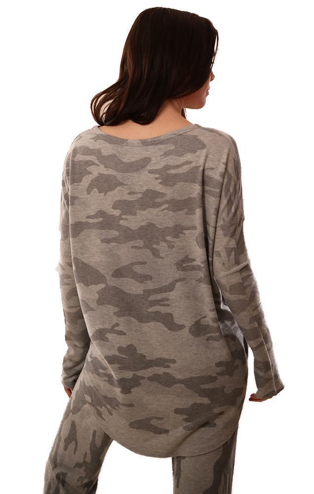 Six Fifty Tops Long Sleeve Camo Print Knit Grey Pullover Top