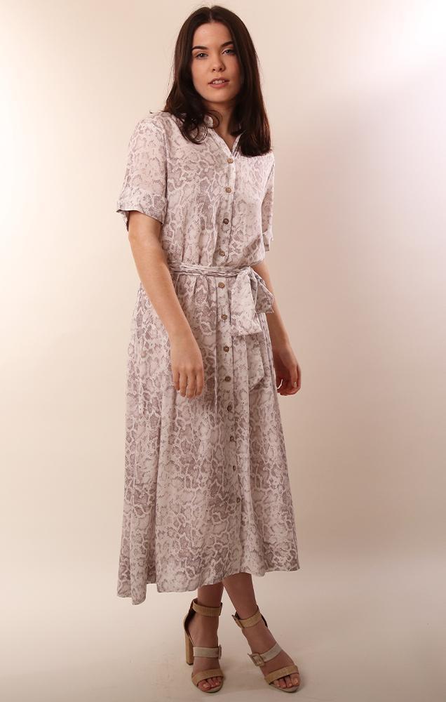 Snakeskin Print Button Front Short Sleeve Belted maxi Dress