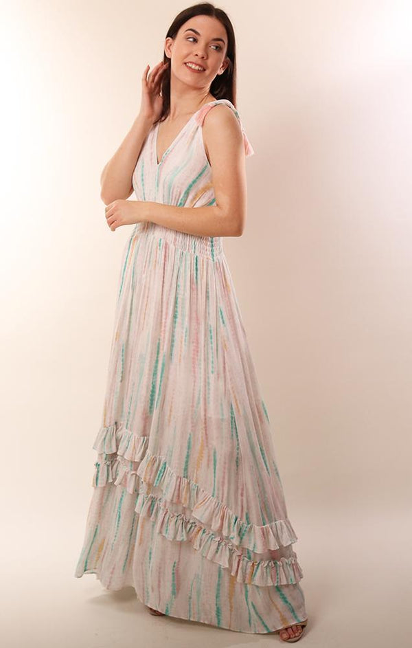 Dresses V Neck Tassel Tie Flowy Tie Dye Flowy Maxi Spring Dress