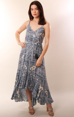 Dresses V Neck Button Front Hi Low Ruffle Printed Maxi Dress