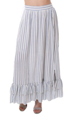 Skirts Side Slit Ruffle Trim Striped Summer Flowy Maxi Skirt