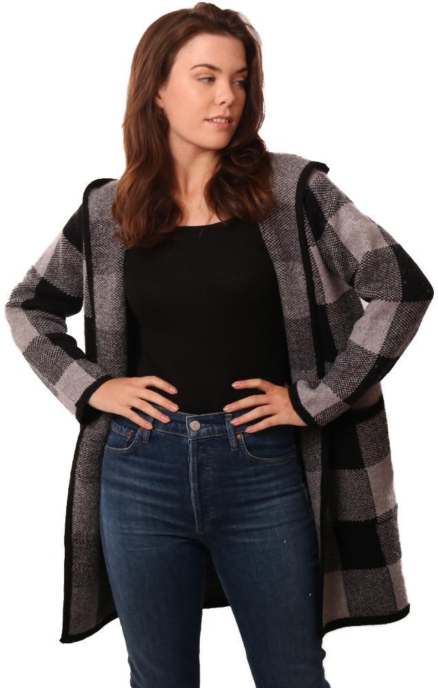 Metric Jackets Open Front Plaid Print Hooded Cozy Cardi