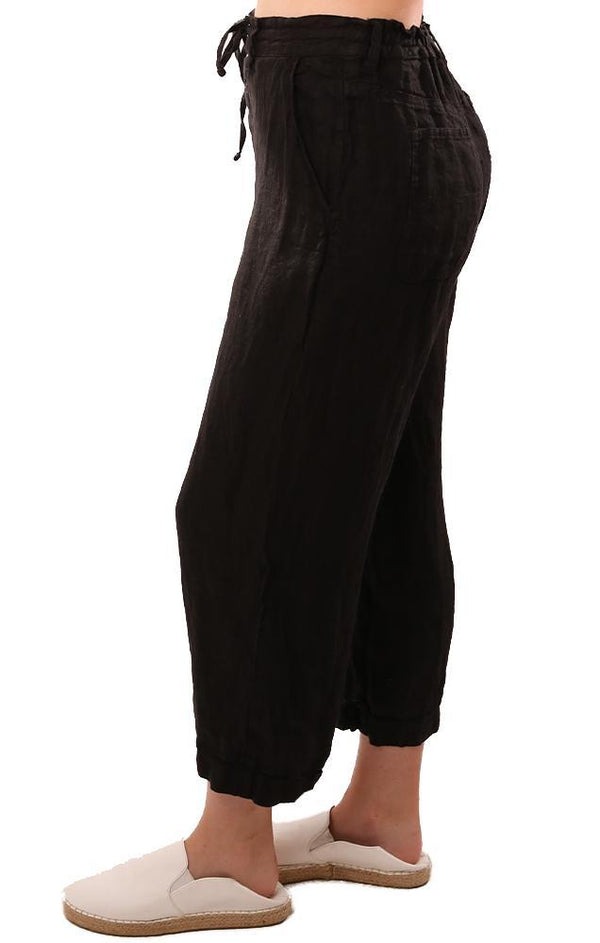 CP Shades Pants Drawstring Waist Wide Leg Crop Flowy Black Linen Pant