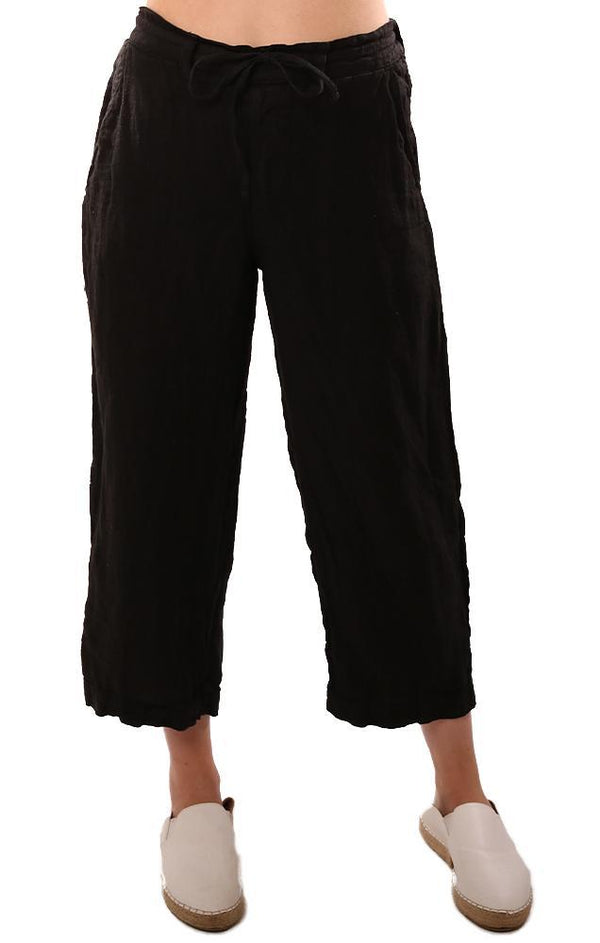 CP Shades Pants Drawstring Waist Wide Leg Crop Flowy Black Linen