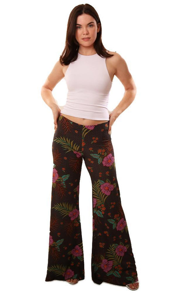 Veronica M Pants Wide Leg Flare Bottom Black Purple Print REsort Wear PAnt