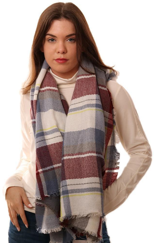 Scarves Plaid Frayed Edge Chic Soft Light Blue Burgundy Blanket Scarf