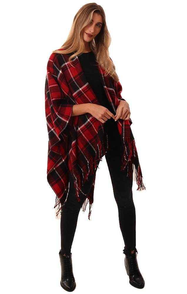 Shawls Fringe Trim Black Red Plaid Knit Ruana Poncho