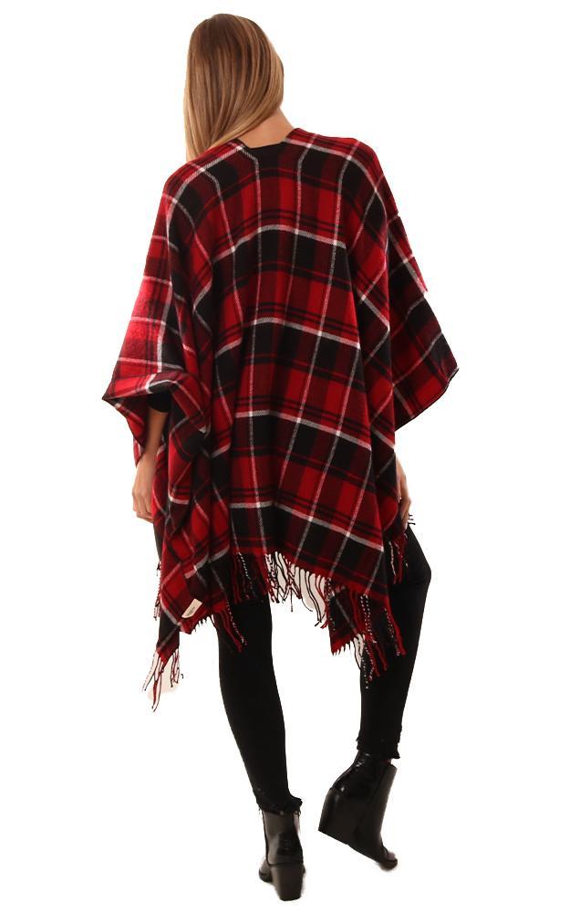 Shawls Fringe Trim Black Red Plaid Knit Ruana Poncho Wrap